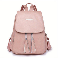 Tassel Decor Flap Backpack Retro Style School Bag Faux Leather Daypack