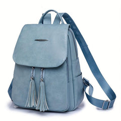Tassel Decor Flap Backpack Retro Style School Bag Faux Leather Daypack