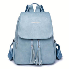 Tassel Decor Flap Backpack Retro Style School Bag Faux Leather Daypack