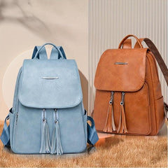 Tassel Decor Flap Backpack Retro Style School Bag Faux Leather Daypack