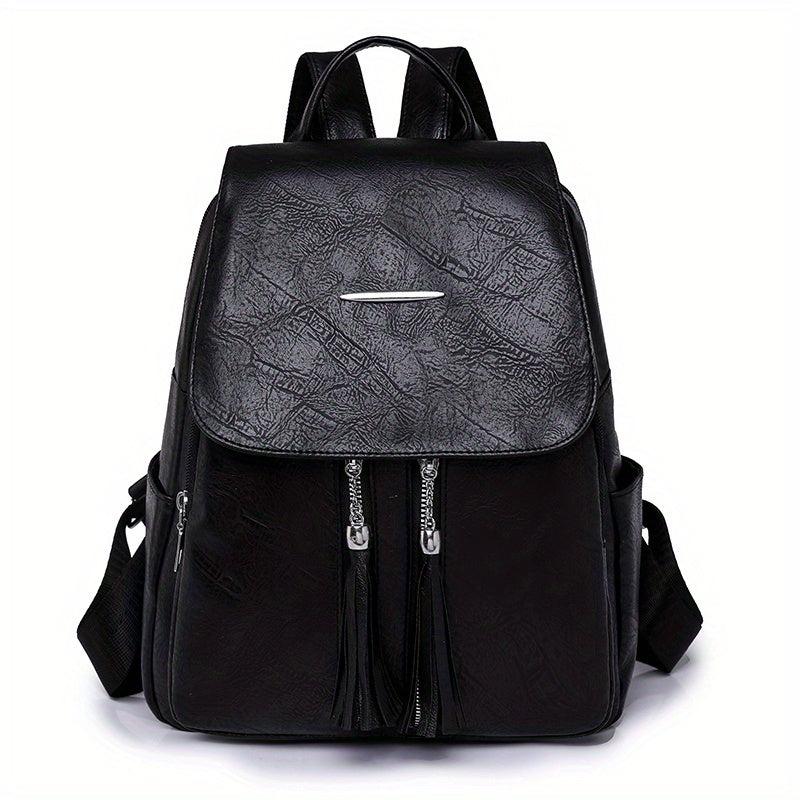 Tassel Decor Flap Backpack Retro Style School Bag Faux Leather Daypack