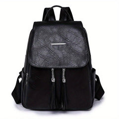 Tassel Decor Flap Backpack Retro Style School Bag Faux Leather Daypack