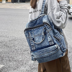 Large Denim Zipper Backpack Stylish Rucksack Women's Travel Bag