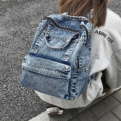 Large Denim Zipper Backpack Stylish Rucksack Women's Travel Bag