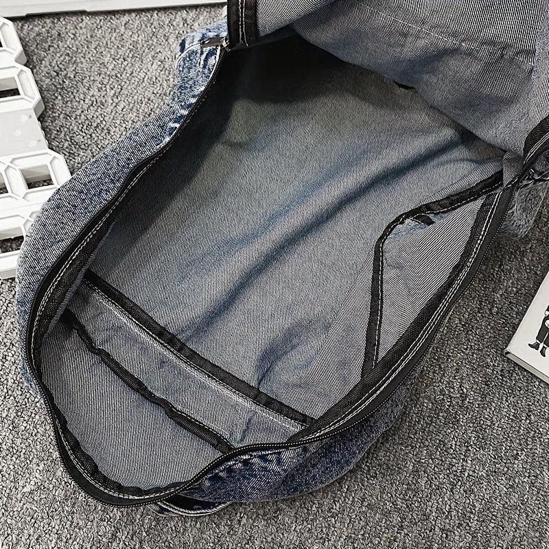 Large Denim Zipper Backpack Stylish Rucksack Women's Travel Bag