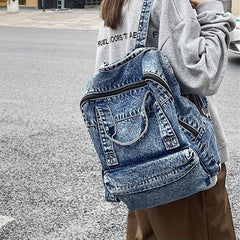 Large Denim Zipper Backpack Stylish Rucksack Women's Travel Bag