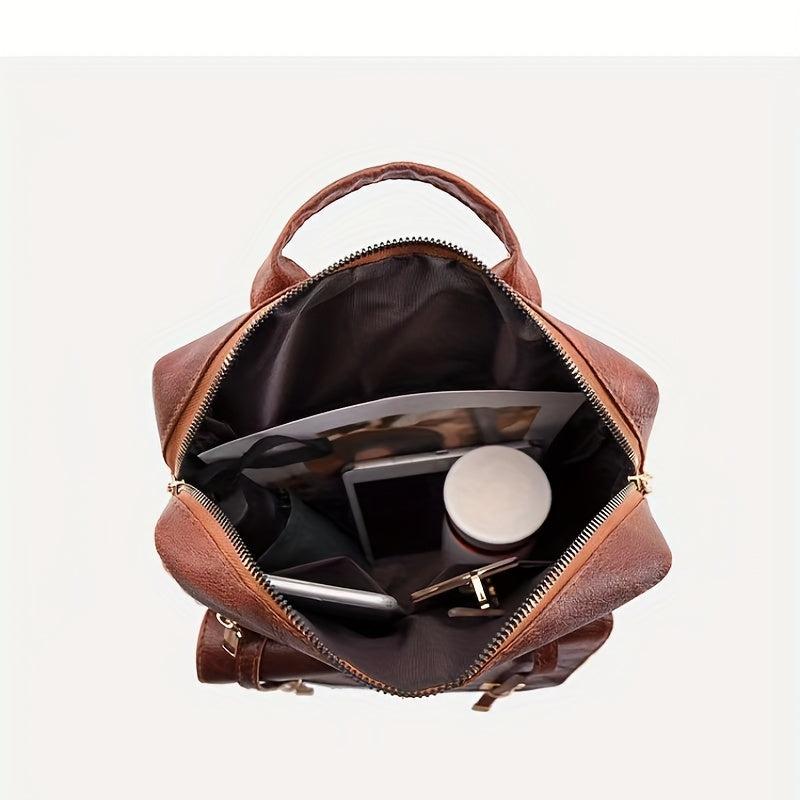 Brown PU Leather Backpack Waterproof Vintage Style Large Capacity