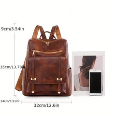 Brown PU Leather Backpack Waterproof Vintage Style Large Capacity