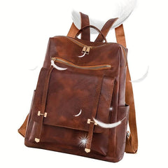Brown PU Leather Backpack Waterproof Vintage Style Large Capacity