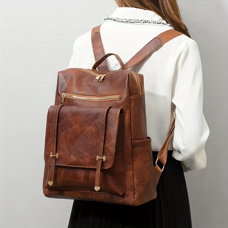 Brown PU Leather Backpack Waterproof Vintage Style Large Capacity