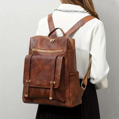 Brown PU Leather Backpack Waterproof Vintage Style Large Capacity