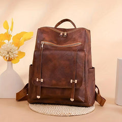 Brown PU Leather Backpack Waterproof Vintage Style Large Capacity