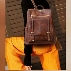 Brown PU Leather Backpack Waterproof Vintage Style Large Capacity