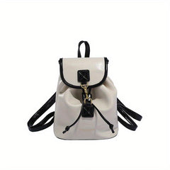 Solid Flap Backpack PU Leather Casual Knapsack Adjustable Strap Handbag