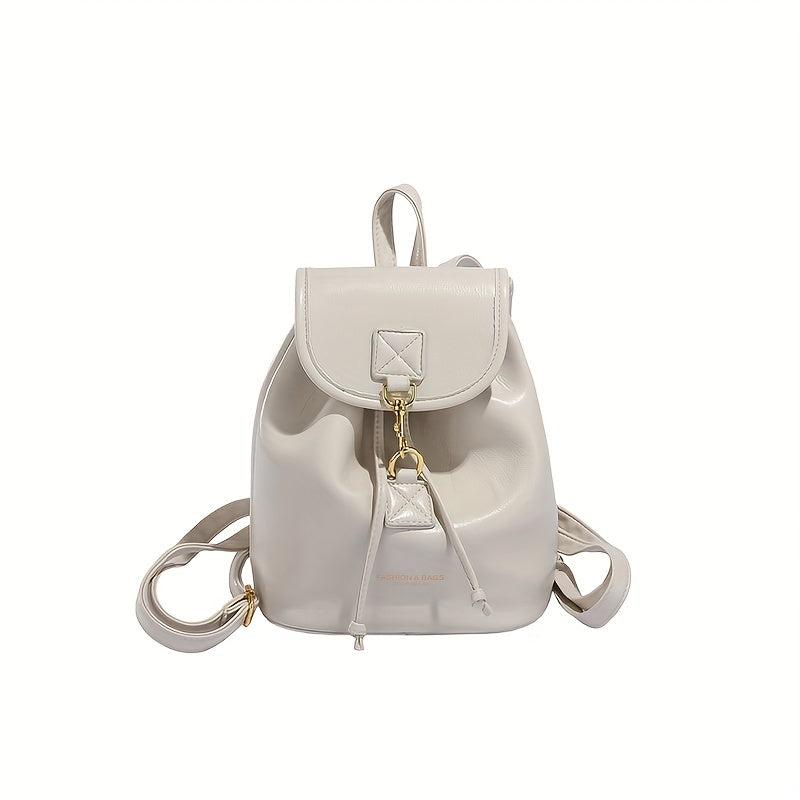 Solid Flap Backpack PU Leather Casual Knapsack Adjustable Strap Handbag
