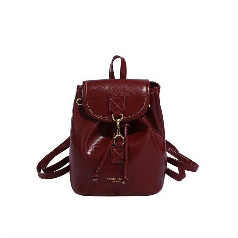 Solid Flap Backpack PU Leather Casual Knapsack Adjustable Strap Handbag