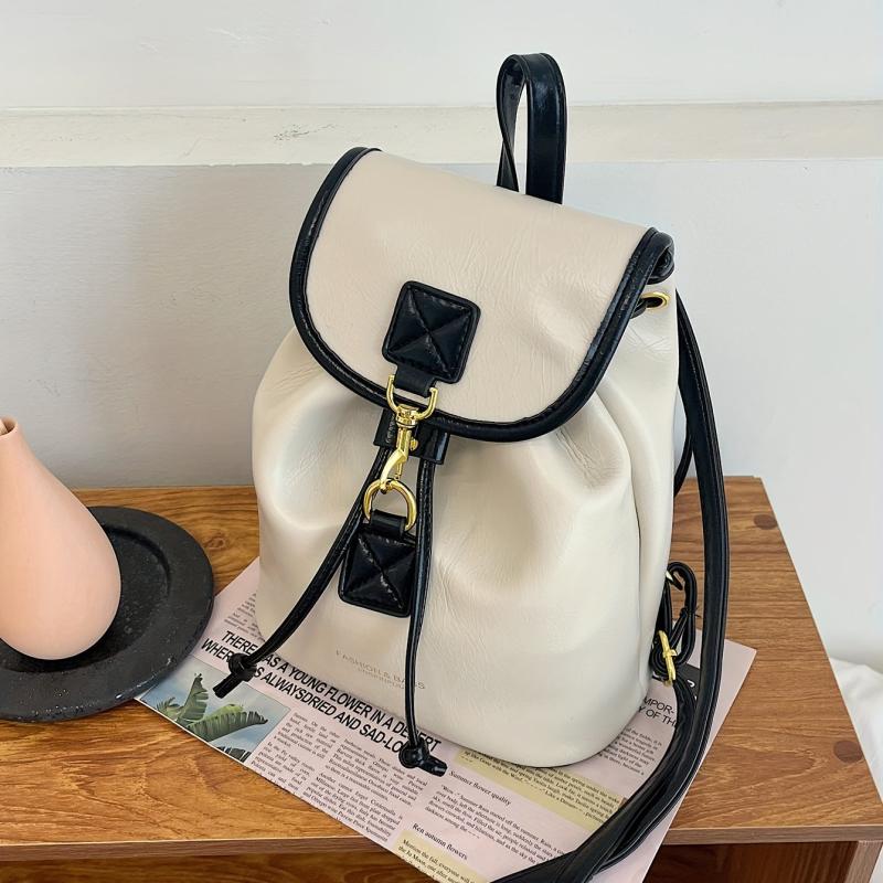 Solid Flap Backpack PU Leather Casual Knapsack Adjustable Strap Handbag