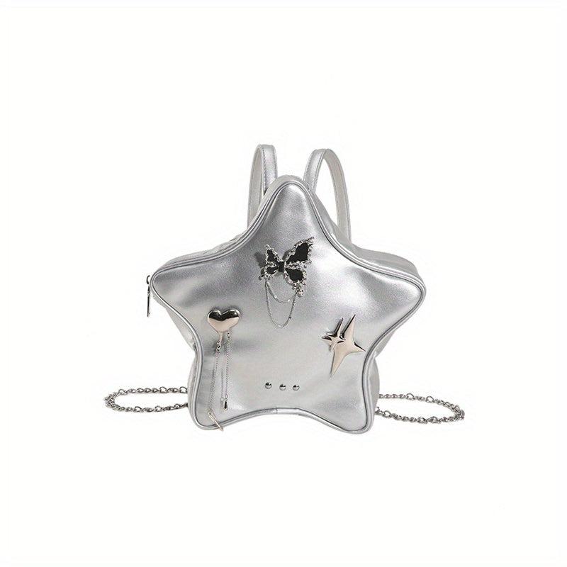 Star Shape Butterfly Decor Metal Chain Backpack PU Leather Novelty Shoulder Bag