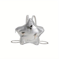 Star Shape Butterfly Decor Metal Chain Backpack PU Leather Novelty Shoulder Bag