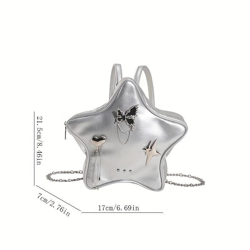 Star Shape Butterfly Decor Metal Chain Backpack PU Leather Novelty Shoulder Bag