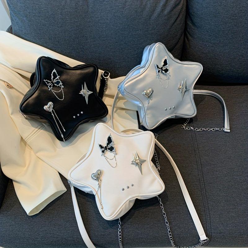 Star Shape Butterfly Decor Metal Chain Backpack PU Leather Novelty Shoulder Bag