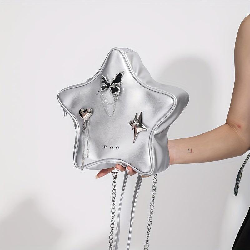 Star Shape Butterfly Decor Metal Chain Backpack PU Leather Novelty Shoulder Bag