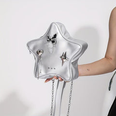 Star Shape Butterfly Decor Metal Chain Backpack PU Leather Novelty Shoulder Bag