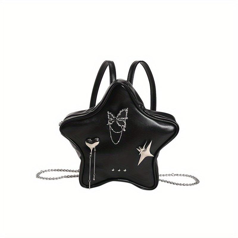 Star Shape Butterfly Decor Metal Chain Backpack PU Leather Novelty Shoulder Bag