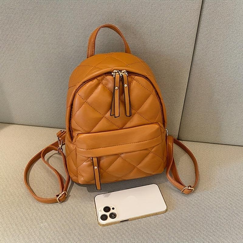 Mini Argyle Quilted Backpack Vintage PU Leather Daypack For Women