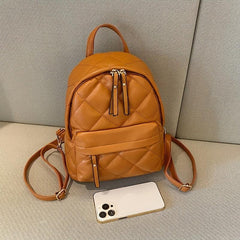 Mini Argyle Quilted Backpack Vintage PU Leather Daypack For Women