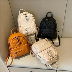 Mini Argyle Quilted Backpack Vintage PU Leather Daypack For Women