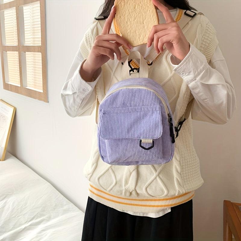 Mini Corduroy Backpack Solid Daypack Casual Travel School Bag