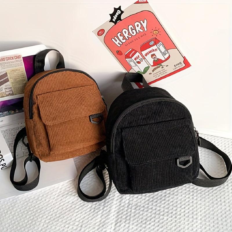 Mini Corduroy Backpack Solid Daypack Casual Travel School Bag