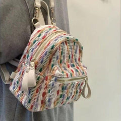 Colorful Knitted Backpack Purse Preppy School Daypack Women's Travel Knapsack