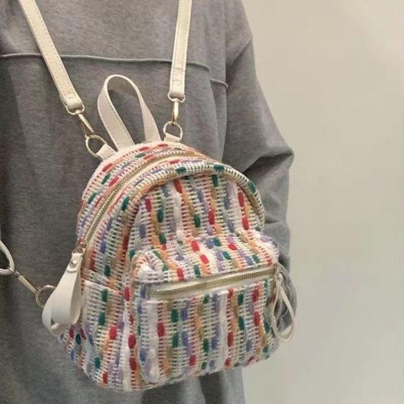 Colorful Knitted Backpack Purse Preppy School Daypack Women's Travel Knapsack
