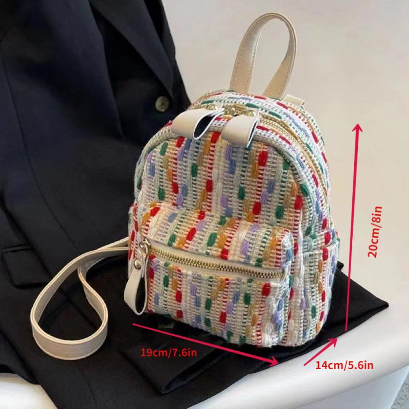 Colorful Knitted Backpack Purse Preppy School Daypack Women's Travel Knapsack