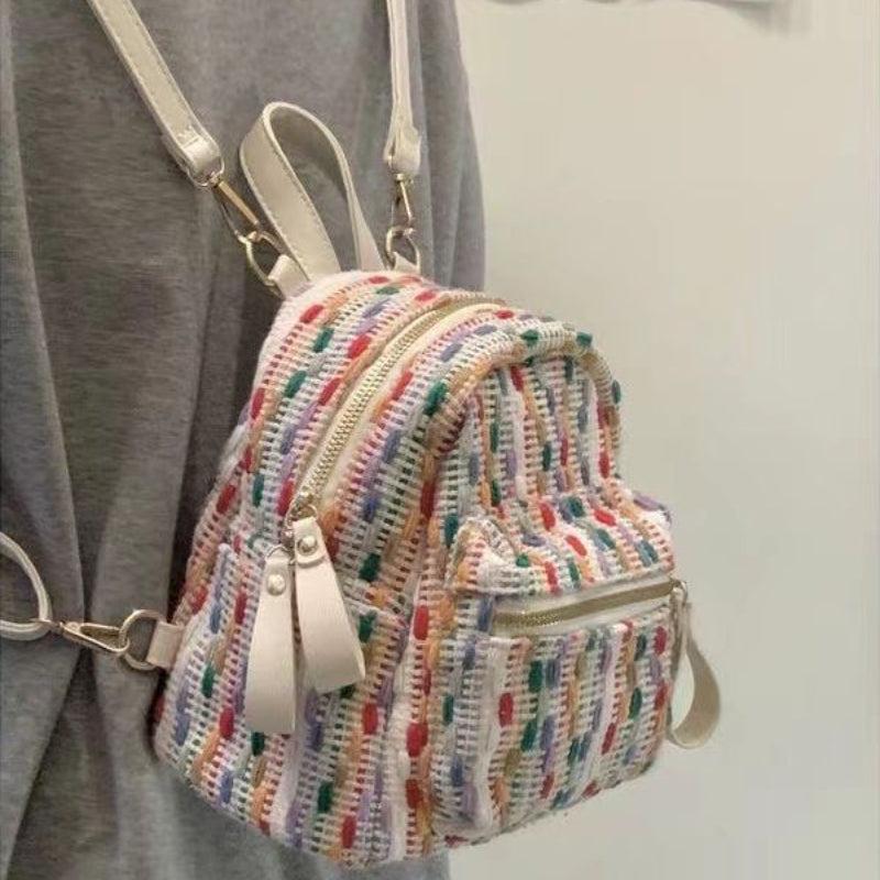 Colorful Knitted Backpack Purse Preppy School Daypack Women's Travel Knapsack