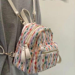 Colorful Knitted Backpack Purse Preppy School Daypack Women's Travel Knapsack