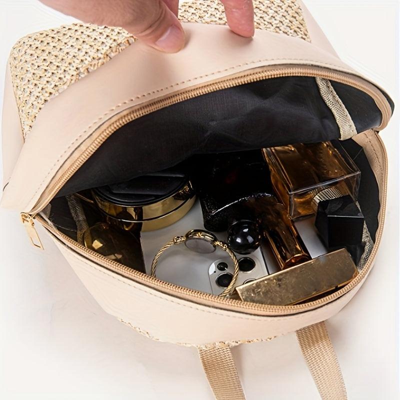 Small Straw Colorblock Backpack All Match Daypack for Work & Travel