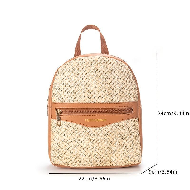 Small Straw Colorblock Backpack All Match Daypack for Work & Travel