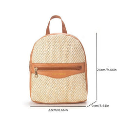 Small Straw Colorblock Backpack All Match Daypack for Work & Travel