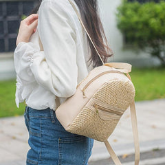 Small Straw Colorblock Backpack All Match Daypack for Work & Travel