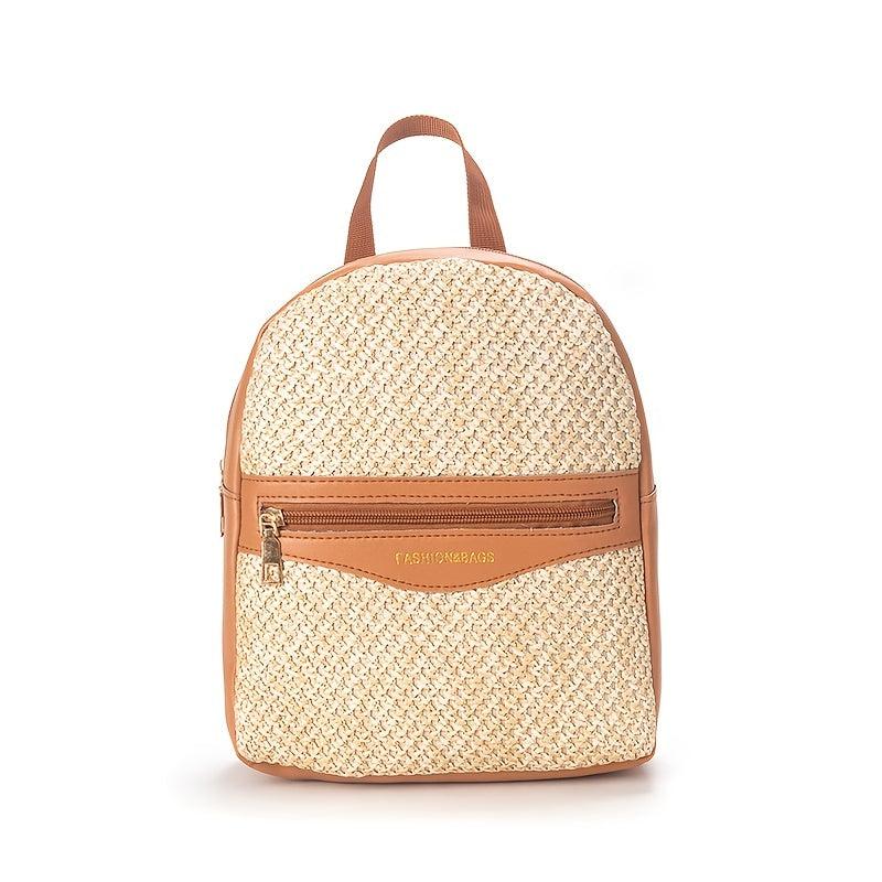 Small Straw Colorblock Backpack All Match Daypack for Work & Travel