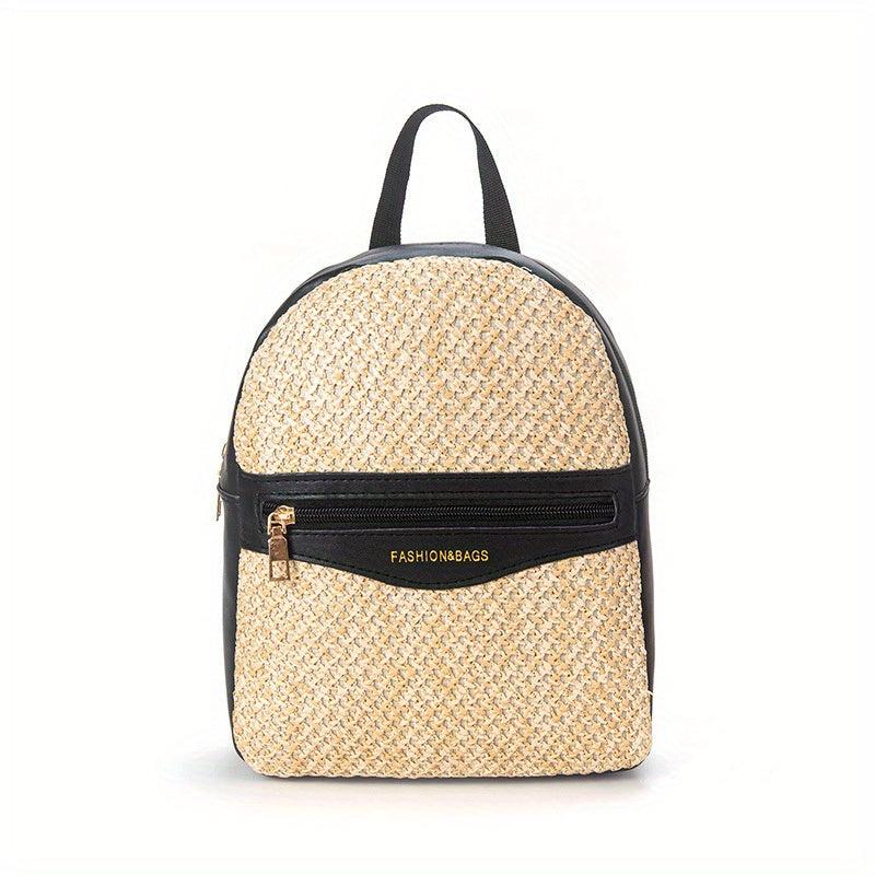 Small Straw Colorblock Backpack All Match Daypack for Work & Travel
