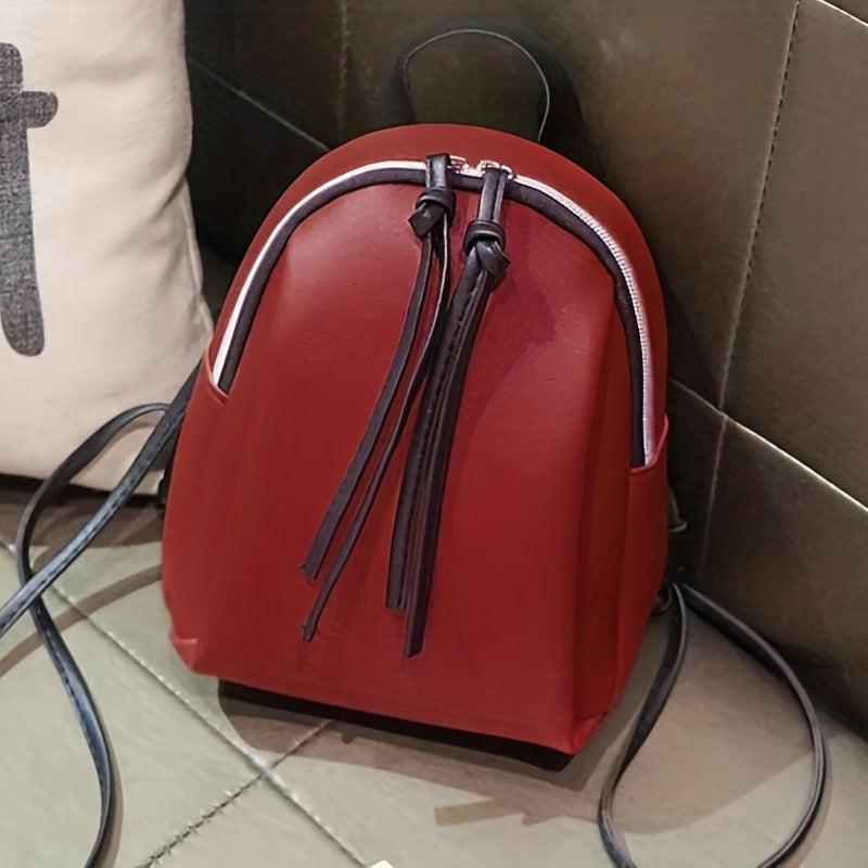 Small Retro Zipper Backpack PU Leather Textured School Travel Bag