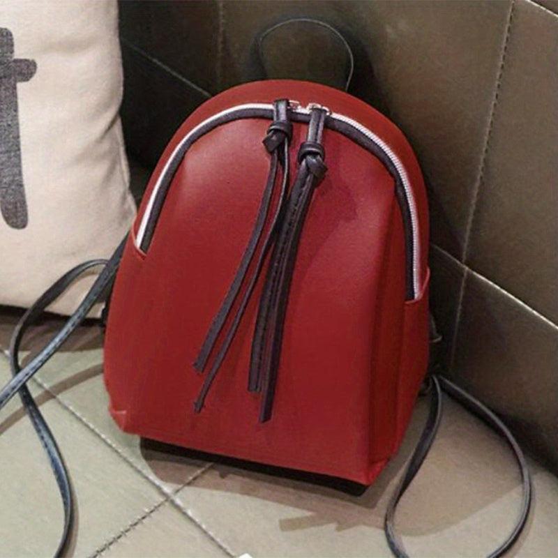 Small Retro Zipper Backpack PU Leather Textured School Travel Bag