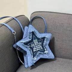 Y2K Star Shaped Denim Backpack Women's Grunge Knapsack & Crossbody Bag
