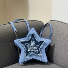 Y2K Star Shaped Denim Backpack Women's Grunge Knapsack & Crossbody Bag