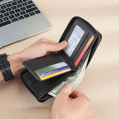 Men's Zipper Card Holder Short Wallet Leather Large Capacity Card Holder Vintage