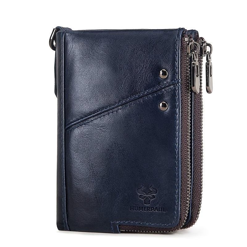 RFID Blocking Men's Leather Wallet Double Zipper Button Wallet